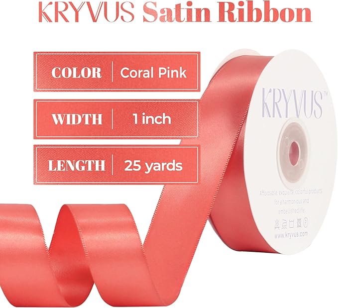 Coral Satin Ribbon, Double Faced 1 Inch X 25 Yards Coral Ribbon, for Gift Wrapping, Crafts, Hair Bow Making, Sewing, Flower Bouquet, Wedding Party Decor