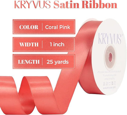 Coral Satin Ribbon, Double Faced 1 Inch X 25 Yards Coral Ribbon, for Gift Wrapping, Crafts, Hair Bow Making, Sewing, Flower Bouquet, Wedding Party Decor