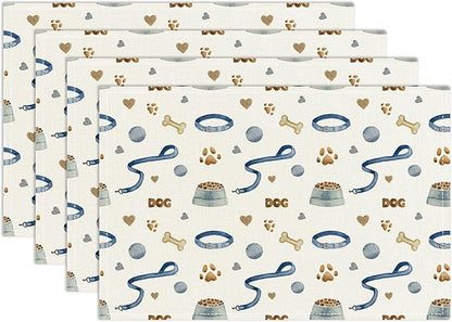 Dog Paw Print Placemats Set of 4, Puppy Pets Themed Table Mat for Home Kitchen, Restaurants, Outdoor Linen Washable Place Mats 12x18 inch Party Event Dining Decoration-08
