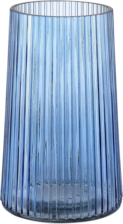 Blue Glass Vase for Flower, Flower Vase for Bouquet, Modern Glass Vases, Ribbed Vases for Living Room, Bedroom, Dining Table, Office, Wedding, Centerpieces, 8 Inches