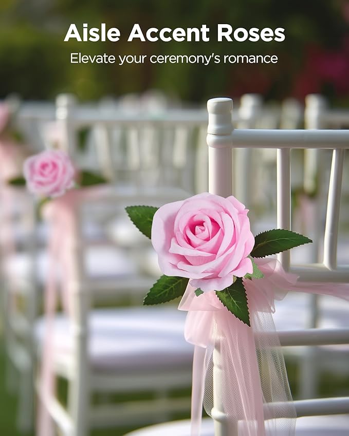 InnoGear 50 Pcs Pink Roses Artificial Flowers, Fake Velvet Silk Rose Bulk Faux Flower for Decoration DIY Wedding Centerpieces Proposal Bridal Bouquets Shower Party Home Floral Decor (50, Pink)