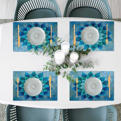 Teal Flower Mandala Placemats Set of 1 PVC Vinyl Non Slip Table Mats Waterproof Heat Resistant Place Mats Washable Wipeable Dining Table Mat for Kitchen Party Indoor Outdoor Decorative