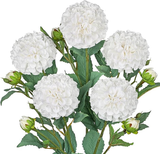 Hollyone 5PCS Dahlia Artificial Flowers 24.8" Cream White Fake Ball Dahlias Silk Flowers Faux Roses Flower with Long Stems for DIY Wedding Bouquets Centerpieces Arrangements Bridal Shower Home Decor