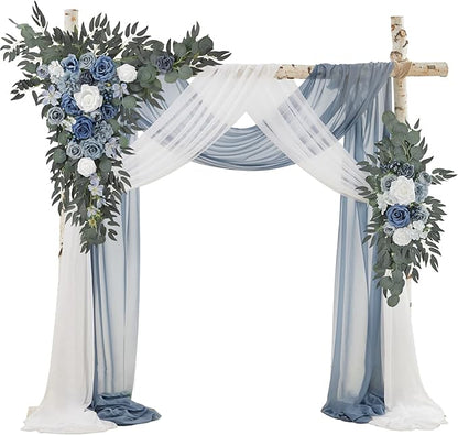 Ting's time Wedding Arch Flowers with Drape Kit (Pack of 4),2pcs Dusty Blue Floral Swags Arrangement and 2pcs Drapes Fabric for Wedding Ceremony and Reception Backdrop Decoration