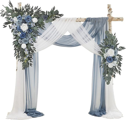 Ting's time Wedding Arch Flowers with Drape Kit (Pack of 4),2pcs Dusty Blue Floral Swags Arrangement and 2pcs Drapes Fabric for Wedding Ceremony and Reception Backdrop Decoration