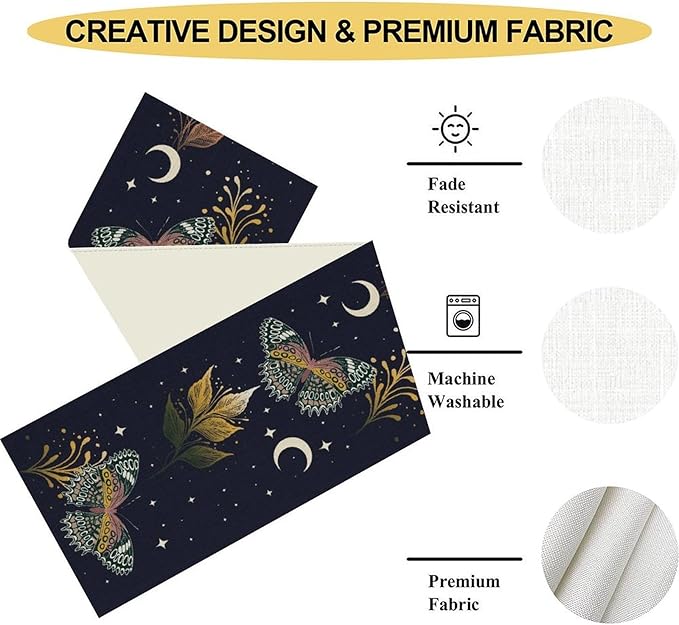 Gothic Moth Table Runner, Boho Gothic Floral Butterfly Sun Moon Mystical Witchy Starlight Coffee Table Center Decor for Home Kitchen Dining Patio Holiday Party Table Decorations 13x90 inches