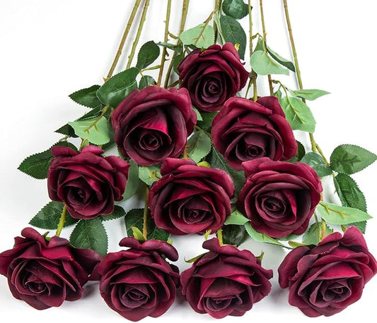 DuHouse 10pcs Silk Roses Artificial Flowers Fake Burgundy Rose Bouquet for Arrangement Wedding Party Home Decoration (Burgundy-Long Stem)