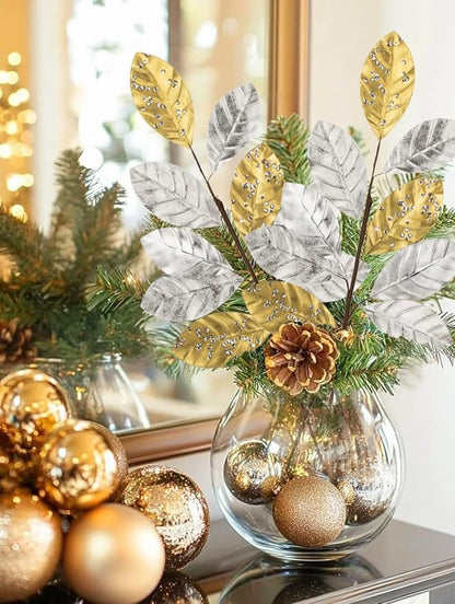 23.6” Christmas Tree Picks and Sprays 3Pcs Silver and Gold Artificial Magnolia Stems Magnolia Leaves Branches Fake Silver Leaf Floral for Vase DIY Xmas Tree Garland Wreath Centerpieces Wedding Decor