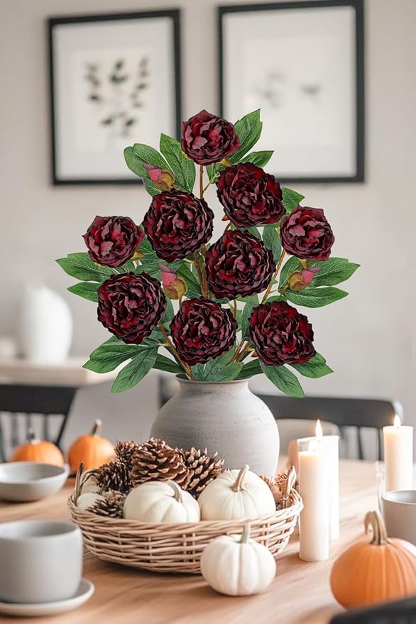 Briful 3 Pack Artificial Peony Flower 27.5" Tall Burgundy Silk Peonies Floral Stems Real Touch Faux Peony Flower for Wedding Bouquets Home Floral Arrangements Table Centerpieces DIY Décor