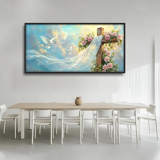 Christian Cross Large Wall Art Religious Faith Hope Pictures Wall Decor Dove Flowers Heaven Canvas Painting Prints Framed Artwork Home Church Decorations for Prayer Bedroom Living Room 60"x30"