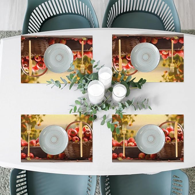 Fall Fruit Apple Placemats Set of 6 PVC Vinyl Non Slip Table Mats Waterproof Heat Resistant Place Mats Washable Wipeable Dining Table Mat for Kitchen Party Farmhouse Indoor Outdoor Decorative
