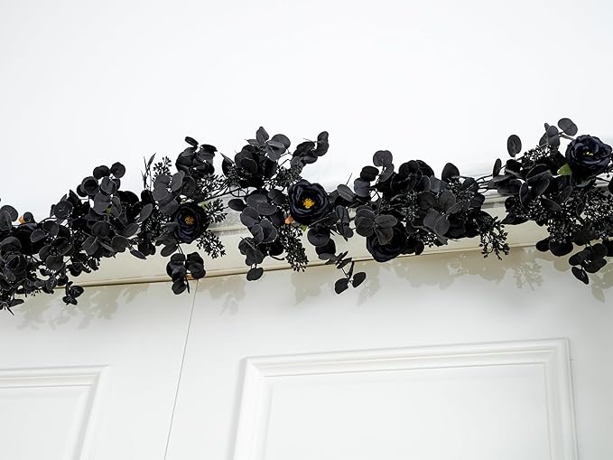 6FT Black Halloween Garland with 10 Black Rose and Berries, Artificial Flower Eucalyptus Garland for Halloween Decorations for Wedding Party Table Decor Indoor Outdoor Backdrop Wall Decor