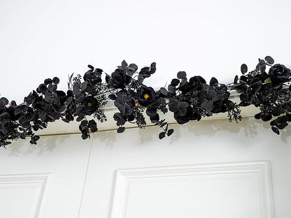 6FT Black Halloween Garland with 10 Black Rose and Berries, Artificial Flower Eucalyptus Garland for Halloween Decorations for Wedding Party Table Decor Indoor Outdoor Backdrop Wall Decor