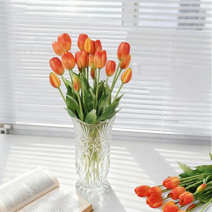 15Pcs Fake Tulips Artificial Flowers Real Touch Latex Bouquet Faux Tulips for Centerpiece Arrangements Wedding Party Home Décor (Orange)
