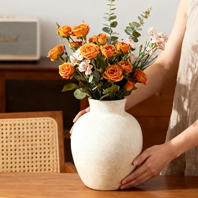 Ceramic Flower Vase, 6 Inch Decorative Rustic Vase Farmhouse Boho Vase for Centerpieces,Terracotta Vases for Home Decor, Living Room,Shelf,Wedding,White
