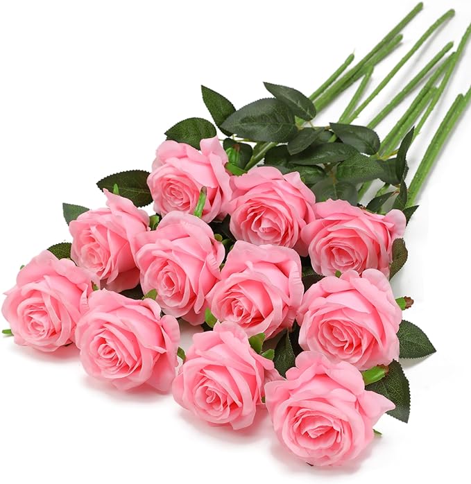 Pink Fake Roses Artificial Flowers - 10 Pcs Fake Artificial Roses Silk Flowers with Stems for Home Wedding Hotel Office Centerpiece Decor