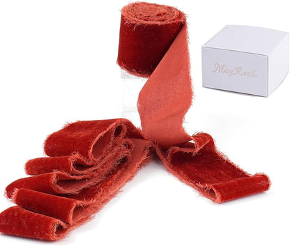 MAYREEL 2 Inch Rust Velvet Ribbon Hand Torn Autumn Silk Frayed Edge for Thanksgiving Bridal Bouquets Invitations Wedding Vow Books Gift Baskets 3 Yards