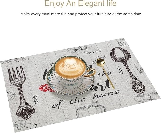 Vegetable Placemats Vintage Rustic Wooden Plank Kitchen Utensils Cutlery Tomato Pumpkin Mushroom Carrot Placemats Table Kitchen Dining Party 12x18 Inch Set of 4