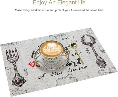 Vegetable Placemats Vintage Rustic Wooden Plank Kitchen Utensils Cutlery Tomato Pumpkin Mushroom Carrot Placemats Table Kitchen Dining Party 12x18 Inch Set of 6