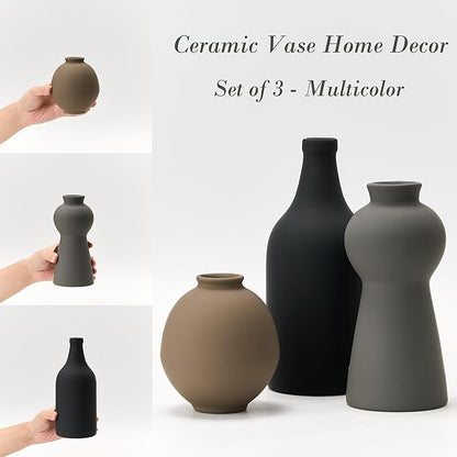 Ceramic Vase Set of 3, Nordic Minimalist Multicolor Vases Home Decor, Rustic Farmhouse Decor Pottery Vases for Bouquet Pampas Grass Dried Fresh Flowers, Living Room, Kitchen, Bedroom, Entryway Mantel