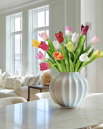 12pcs Tulips Artificial Flowers Real Touch Silk Faux Flowers Tulip Stems for Wedding Spring Bouquet Floral Arrangement Home Party Office Decorations (White Pink red Orange Green Yellow)
