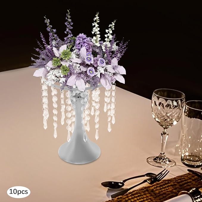 10 Pcs Glam Crystal Flower Stands, Wedding Reception Decorations with Sparkling Crystal Beads Table Center Display Flower Arrangement Flower Stand Metal Vase for Event Decor (Silver, Height:10.23in)