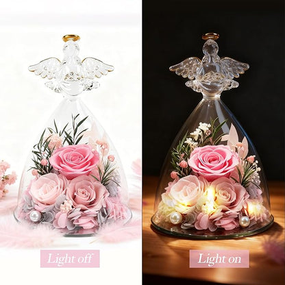 Casaido Christmas Rose Gifts for Women, 7" Pink Preserved Roses Flowers in Glass Angel Figurine, Birthday Gift for Mom Wife Grandma, Eternal Rose for Mothers Day Valentines Anniversary