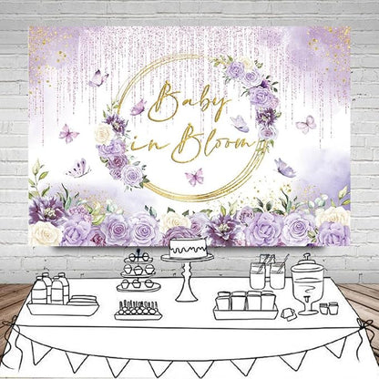 MEHOFOND Baby in Bloom Baby Shower Backdrop Purple Floral Butterfly Baby Shower Party Decorations Baby Girl's Watercolor Floral Glitter Drops Decorations Supplies Banner Photo Booth Studio Props