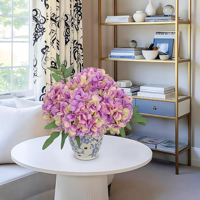 Hollyone Purple Silk Hydrangea Artificial Flowers Heads 7.4inch Large Fake Hydrangea 4Pcs Full Faux Flowers with Stems for Wedding Party Table Centerpieces Flower Arrangement Home Decor