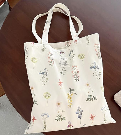 Cotton Canvas Tote Bag Reusable Soft Grocery Cloth Bag Floral Shoulder Bag for Beach Travel Shopping