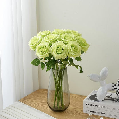 Artificial Rose 10pcs Open Flower Bouquet Faux Rose Stems for Wedding Arrangement, Bridal Bouquet, Centerpiece, Fake Faux Silk Flowers (Green)