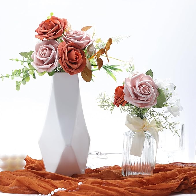 Meldel Artificial Flowers 25pcs Real Looking Burnt Orange Warm Taupe Foam Fake Roses with Stems for DIY Wedding Bouquets Bridal Shower Centerpieces Floral Arrangements Home Decorations Bulk Crafts