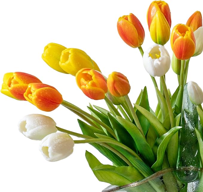 40pcs Artificial Tulips Flowers, Real Touch Latex Bouquet, Fake Tulips for Office Wedding Party Home Kitchen Garden Decoration-B Orange Suit