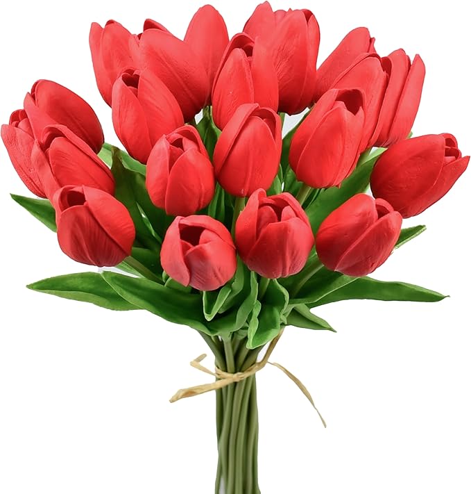 Mandy's Artificial Tulips 20 Stems Red PU Faux Flowers for Thanksgiving and Christmas Decorations Wedding Home Decor 13.5 Inch