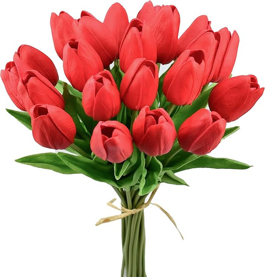 Mandy's Artificial Tulips 20 Stems Red PU Faux Flowers for Thanksgiving and Christmas Decorations Wedding Home Decor 13.5 Inch