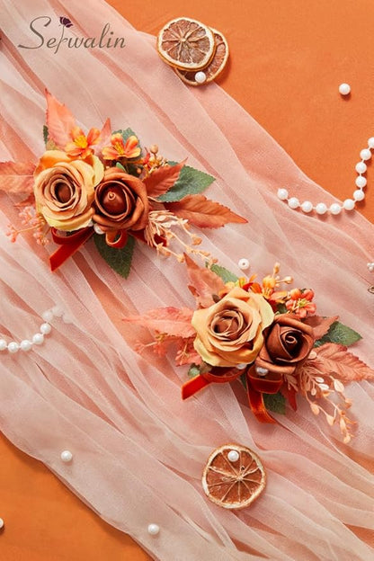 Serwalin Set of 2 Boutonniere for Men, 6-7 Inch Corsage Groom and Best Man Boutonnieres for Wedding Prom Ceremony Anniversary Party Cake Topper (Orange)