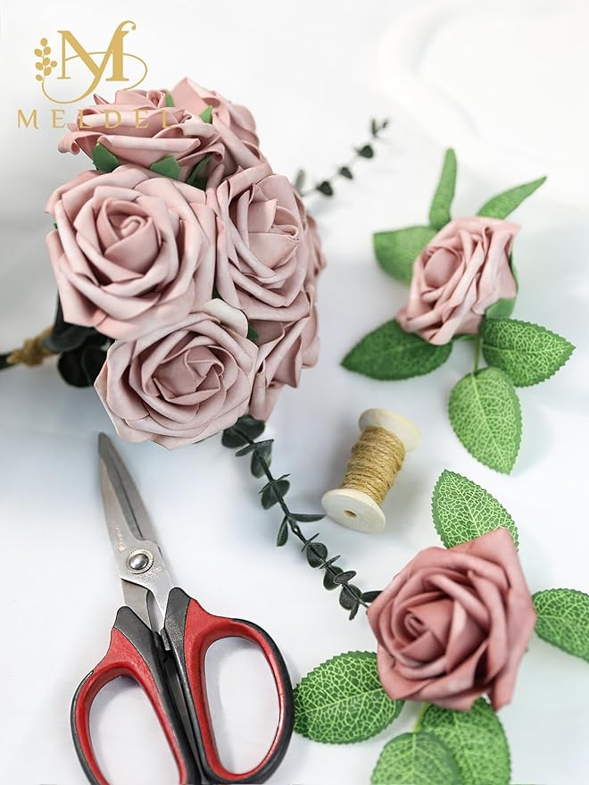 Meldel Artificial Flower 100pcs Real Touch Dusty Pink Rose Fake Foam Roses with Stems for DIY Wedding Bouquets Gifts Bulk Crafts Faux Floral Centerpieces Arrangements Home Party Tables Decorations