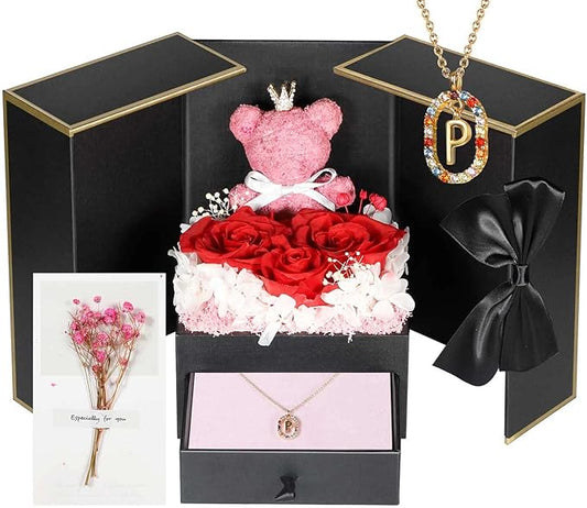 Cute Preserved Real Roses Bear Gift Box for Girlfriend with Initial Necklace P, Unique Birthday Gift for Mom, Her, Grandma, Anniversary Presents for Wife Women