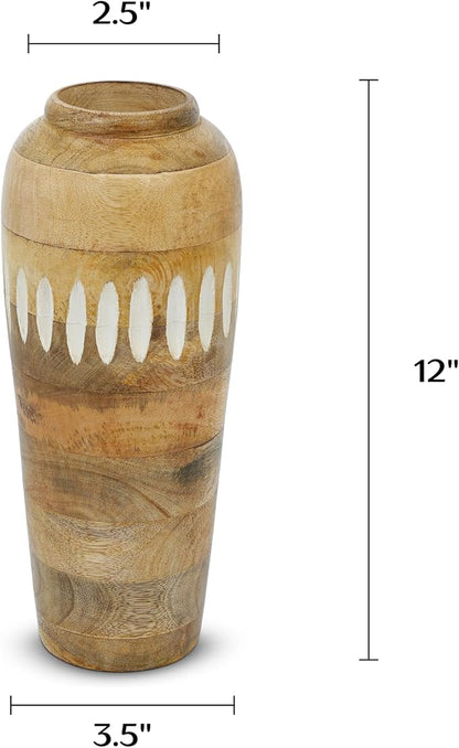 Mela Artisans 12” Mango Wood Vase | Wooden Decorative Flower Vase | Rustic Farmhouse | Natural White Wash | Centerpiece for Living Room | Dining Table | Home Decor