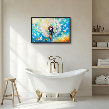 Extra Large Abstract Dandelion Framed Wall Art for Living Room,Oversized Colorful Dandelion Flower Pictures Wall Decor,Blue Canvas Print Painting Modern Artwork Bedroom Office Bathroom 36L x 24W