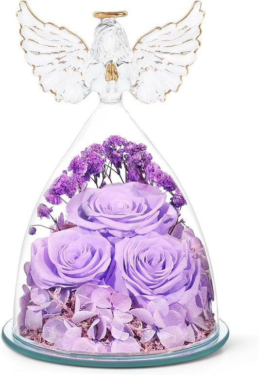 Preserved Flower Rose Gifts for Women, Forever Eternal Fresh Flowers in Glass Angel Figurines Real Purple Roses for Delivery Prime for Grandma Mom Sister Her Wife on Mothers Day Birthday Christmas