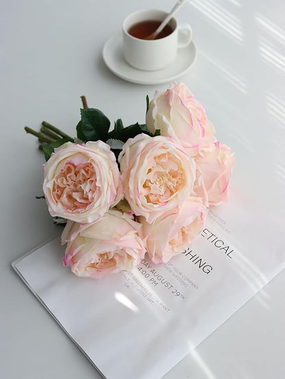 6Pcs Fake Austin Rose Peonies Flowers with Vase, Clear Glass Vase with Pink Real Touch Peonies Artificial Flowers Home Decor(Pink)