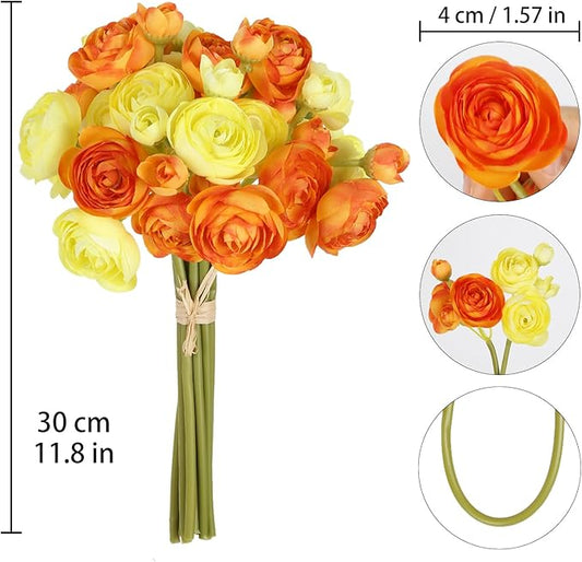 IPOPU Artificial Ranunculus Silk Flowers with Stems 12PCS Mini Fake Flowers for DIY Wedding Bouquet Bridal Shower Decorations Floral Filler Flowers Centerpieces (Orange Yellow)