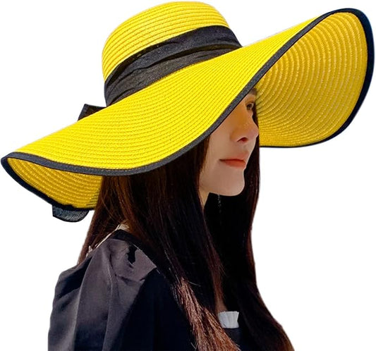 DRESHOW Beach Hats for Women Big Straw Wide Brim Summer Hat Floppy Foldable Roll up Cap Sun Hat UPF 50+