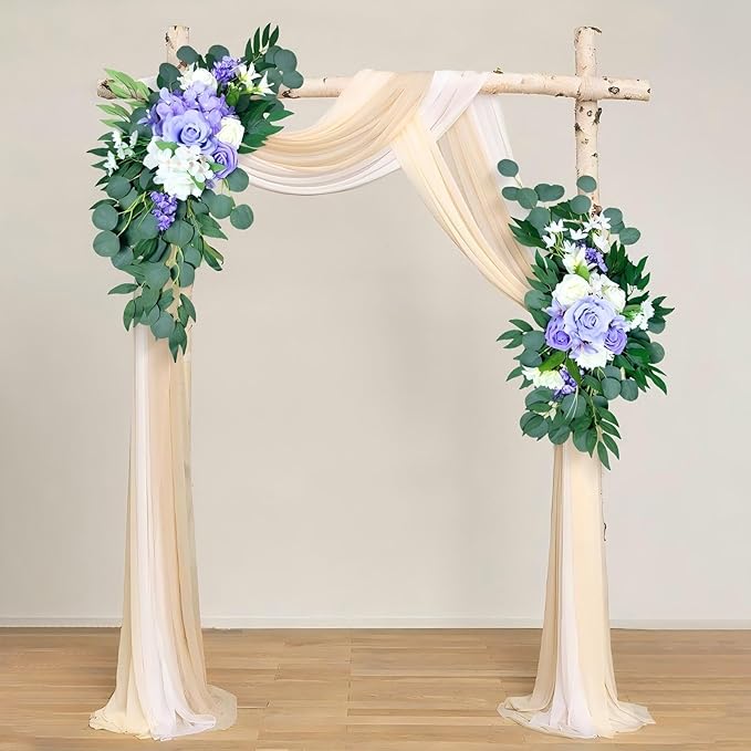 Artificial Wedding Arch Flowers (Pack of 2), White Wedding Flowers for Wedding Welcome Ceremony Sign Faux Floral Swags, Banquet and Reception Backdrop Floral Decoration (White & Purple)