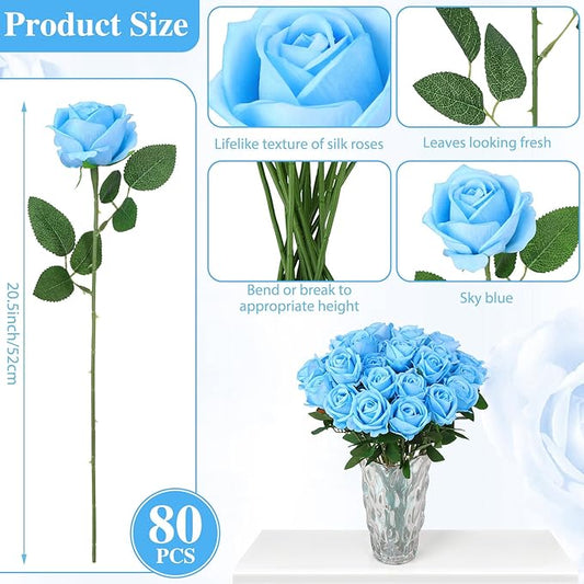 80 Pcs Roses Artificial Flowers, Silk Sky Blue Artificial Flowers Petals Long Stem Roses for Wedding Bouquet Home Party Decor