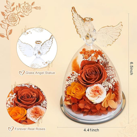 FIACO Gifts for Women Mom Preserved Rose Forever Flower in Glass Angel Figurine Fresh Flowers for Delivery Birthday Gifts for Grandma Wife Sister Christmas Anniversary Eternal Roses
