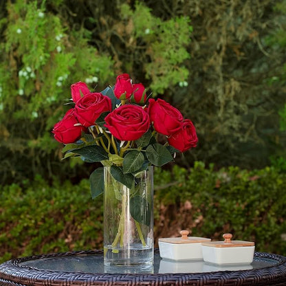 ENOVA FLORAL 9 Heads Silk Rose Artificial Flowers in Vase,Faux Rose Flowers Arrangement in Vase with Faux Water for Table Decor Centerpieces (Red)