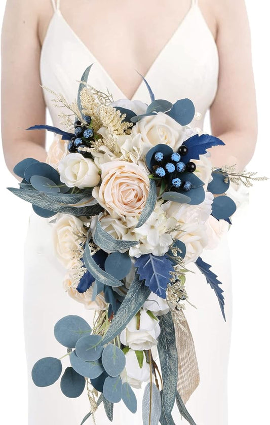 Wedding Bouquets for Bride, 11 Inch Bride Bouquets for Wedding Dusty Blue Artificial Flowers Bridal Bouquet for Wedding Ceremony Anniversary(Dusty Blue)