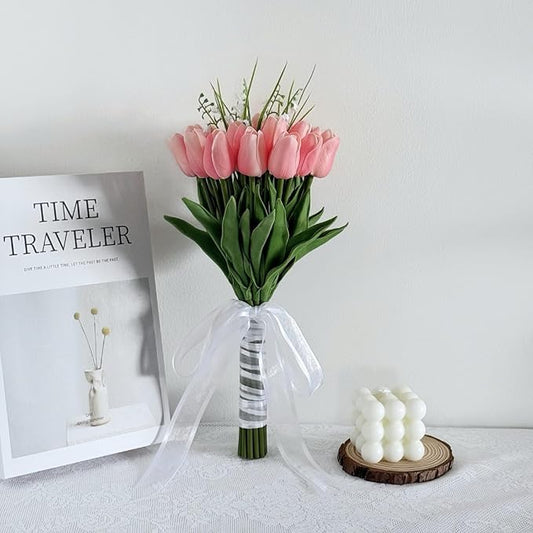 Artificial Floral Tulip Bouquet 20pcs Artificial Tulip Flowers,Bridesmaid Bouquet with Wedding Ceremony Festivals Anniversary Bridal Rehearsal Party Bar Table Decor (Pink)
